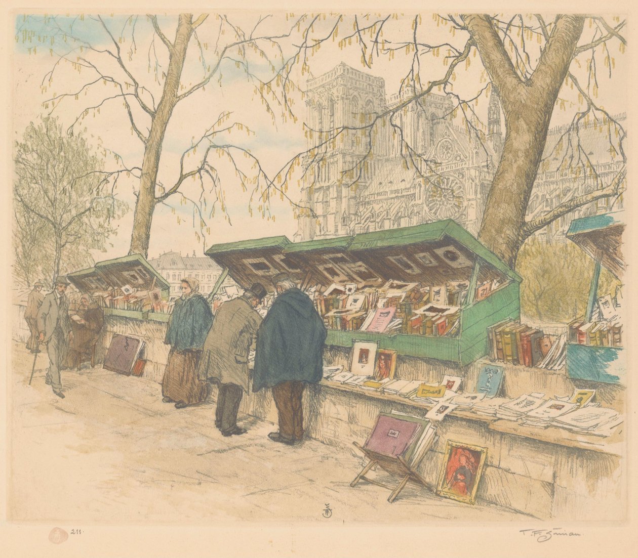 Arka planda Quai de Montebello, Notre-Dame'deki kitap tezgahları by Tavík František Šimon (signed by artist)
