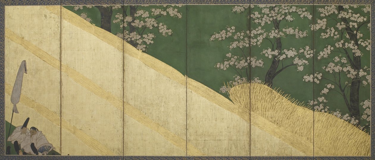 Kiraz çiçekleri, yüksek bir çit ve hizmetliler, Edo dönemi, 1590-1640 (kağıt üzerinde renkli ve altın) by Tawaraya Sotatsu