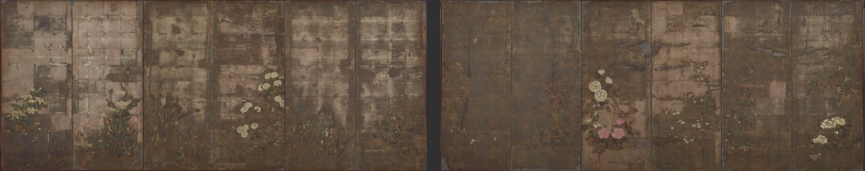 Mevsim çiçekleri, Perdeler (altı panel), 1600-1630 (kağıt üzerine gümüş üzeri renkli) by Tawaraya Sotatsu