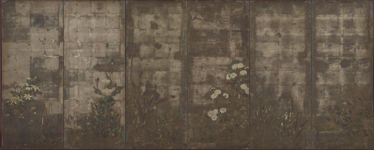 Mevsim çiçekleri, Perdeler (altı panel), 1600-30 (kağıt üzerine gümüş üzeri renkli) by Tawaraya Sotatsu