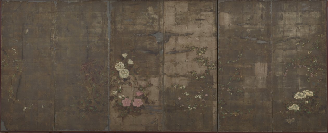 Mevsim çiçekleri, Perdeler (altı panel), 1600-30 (kağıt üzerine gümüş üzeri renkli) by Tawaraya Sotatsu