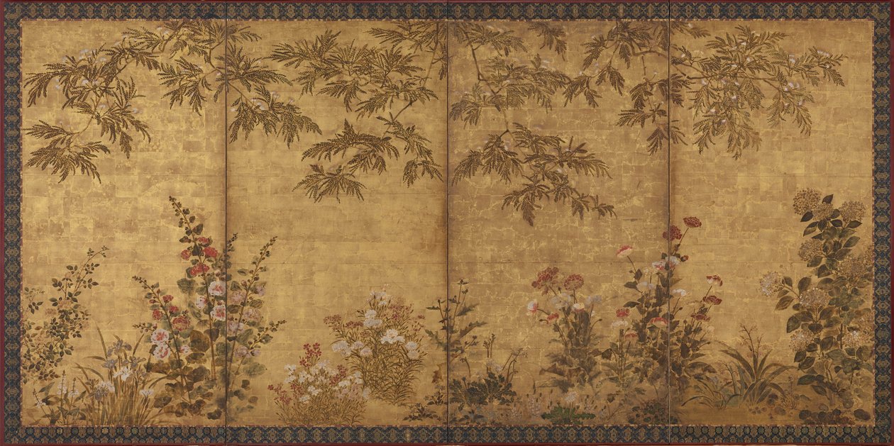 Mimoza ağacı, haşhaş ve diğer yaz çiçekleri, Edo dönemi, 1630-1670. by Tawaraya Sosetsu