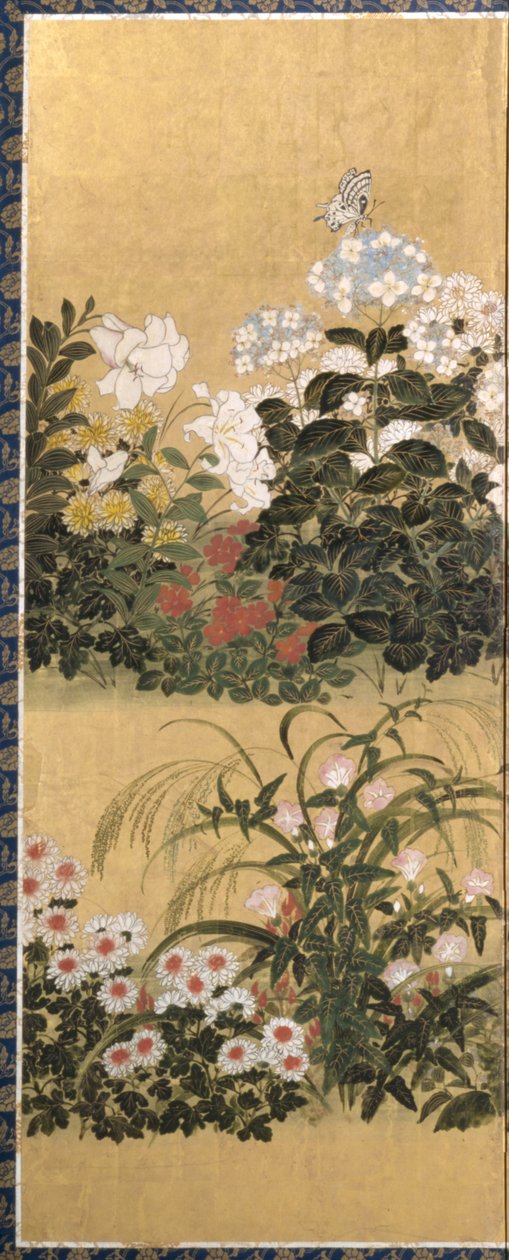 Çiçekler ve Kelebekler (kağıt üzerine mürekkep, renk ve altın varak) by Tawaraya Sotatsu