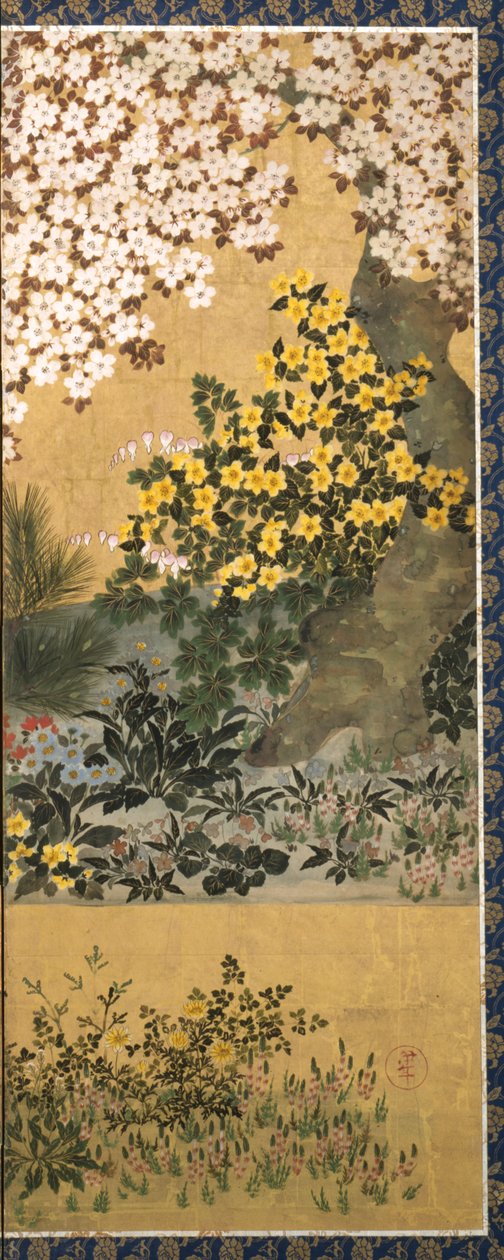 Çiçekler ve Kelebekler (kağıt üzerine mürekkep, renk ve altın varak) by Tawaraya Sotatsu