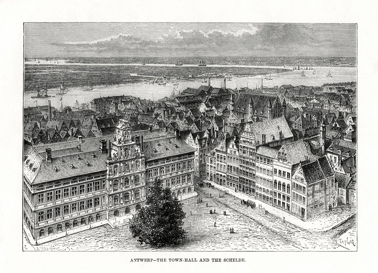 Belediye Binası ve Schelde Nehri, Anvers, Belçika, 1879 by Taylor