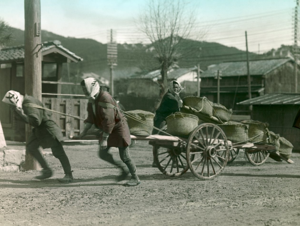 Bir arabanın üzerinde pirinç çuvalları çeken Japon köylüler, 1900-1915 civarı (fotoğraf) by Teijiro Takagi