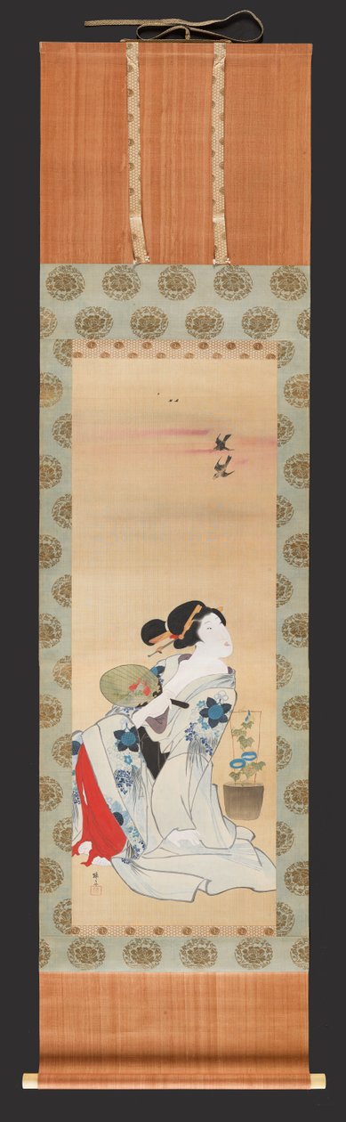 Tencerenin Yanında Oturan Yelpazeyi Tutan Güzellik Morning Glory, c.1830-44 (ipek üzerine mürekkep ve renk) by Teisai Hokuba