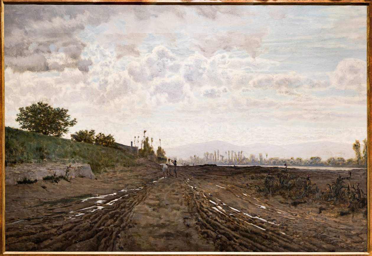Arno Nehri Boyunca Bir Sabah. Arno boyunca kum kazıcılar, 1868 dolayları (tuval üzerine yağlı boya) by Telemaco Signorini