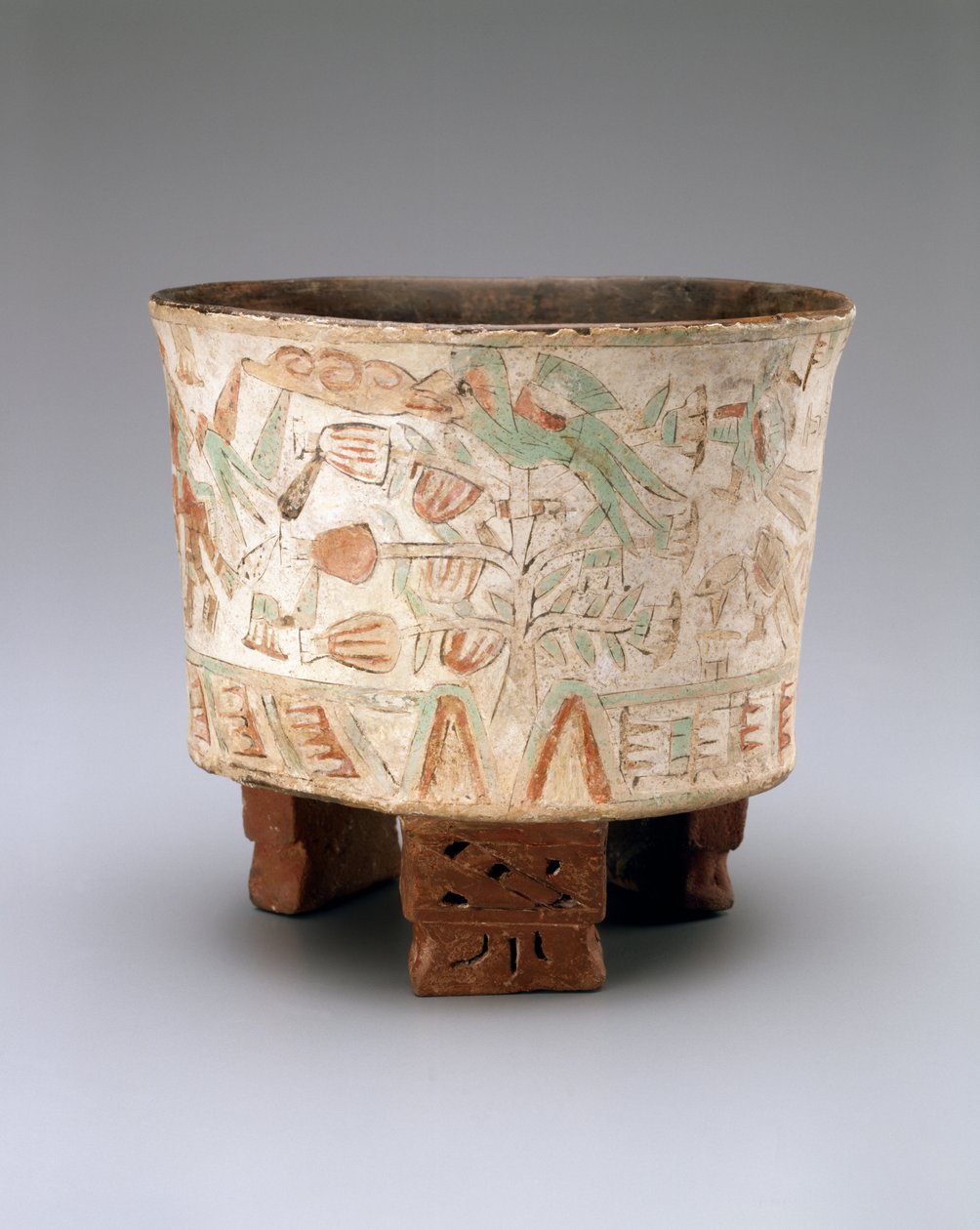 Kakao Ağaçlarında İki Üfleyici ve Quetzal Kuşlu Tripod Vazo, Geç Xolalpan, 550-650 (boyalı sıvalı toprak kap) by Teotihuacan Teotihuacan