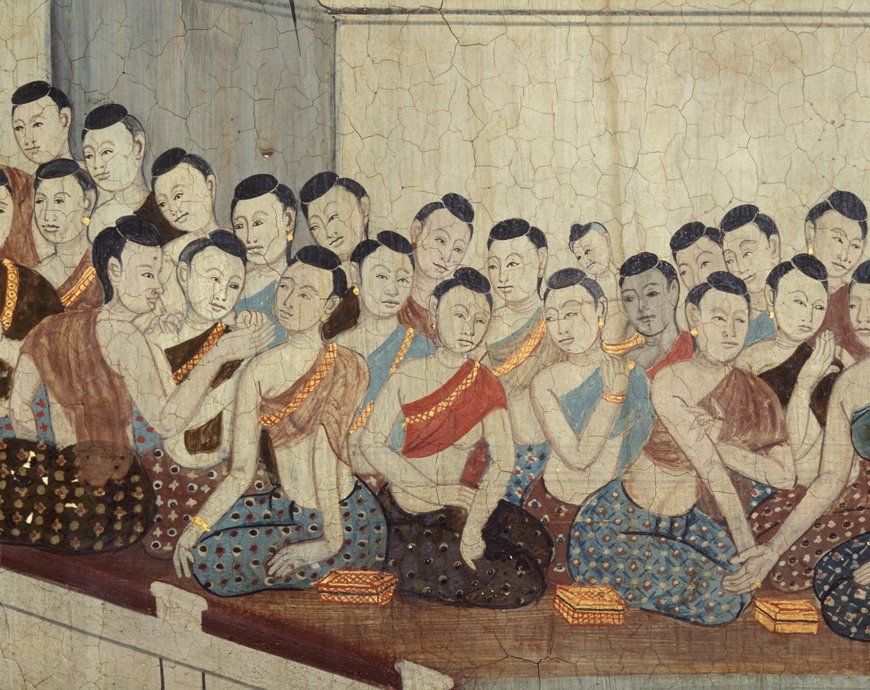 4. Saltanatın tipik kıyafetleri ve kırpılmış saçları olan bir grup kadın (duvar resmi) by Thai School