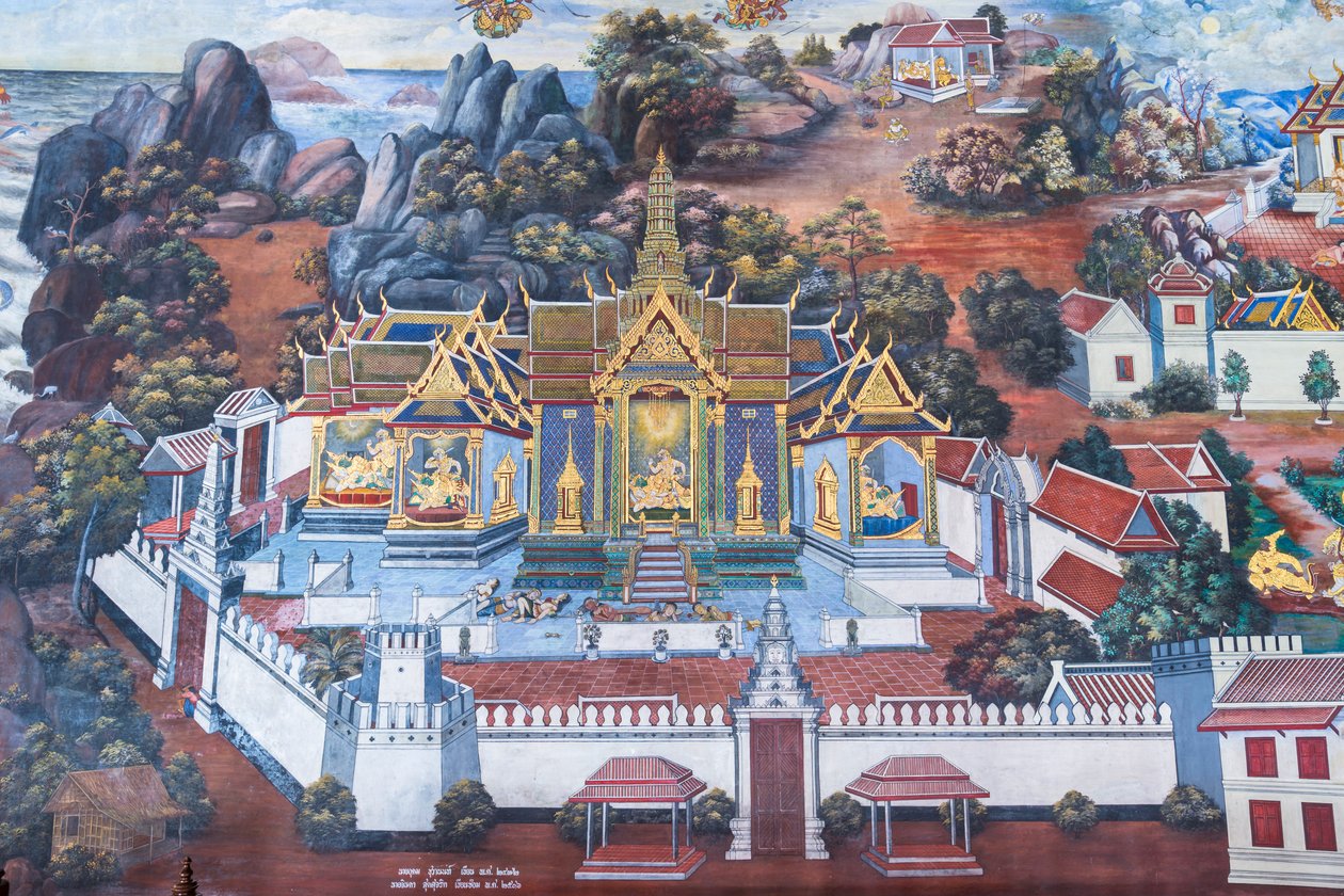 Wat Phra Kaeo, Kraliyet Büyük Sarayı, Bangkok, Tayland'daki Ramayana'dan sahneleri tasvir eden duvar resmi by Thai School