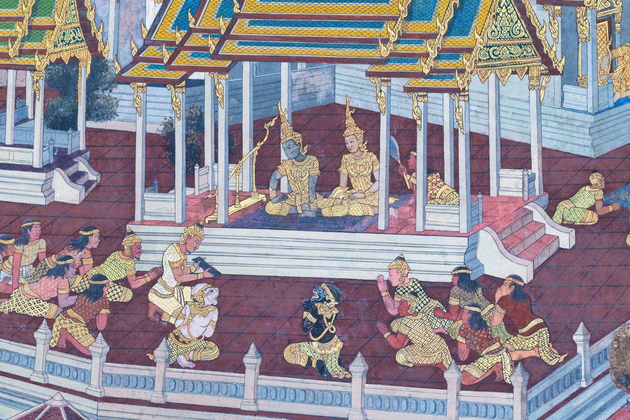Wat Phra Kaeo, Kraliyet Büyük Sarayı, Bangkok, Tayland'daki Ramayana'dan sahneleri tasvir eden duvar resmi by Thai School