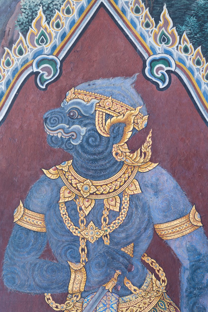 Wat Phra Kaeo, Kraliyet Büyük Sarayı, Bangkok, Tayland'daki Ramayana'dan sahneleri tasvir eden duvar resmi by Thai School