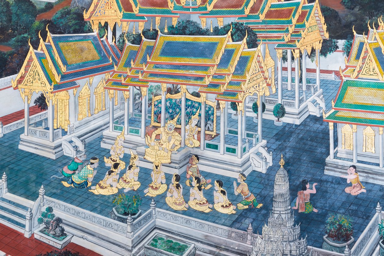 Wat Phra Kaeo, Kraliyet Büyük Sarayı, Bangkok, Tayland'daki Ramayana'dan sahneleri tasvir eden duvar resmi by Thai School