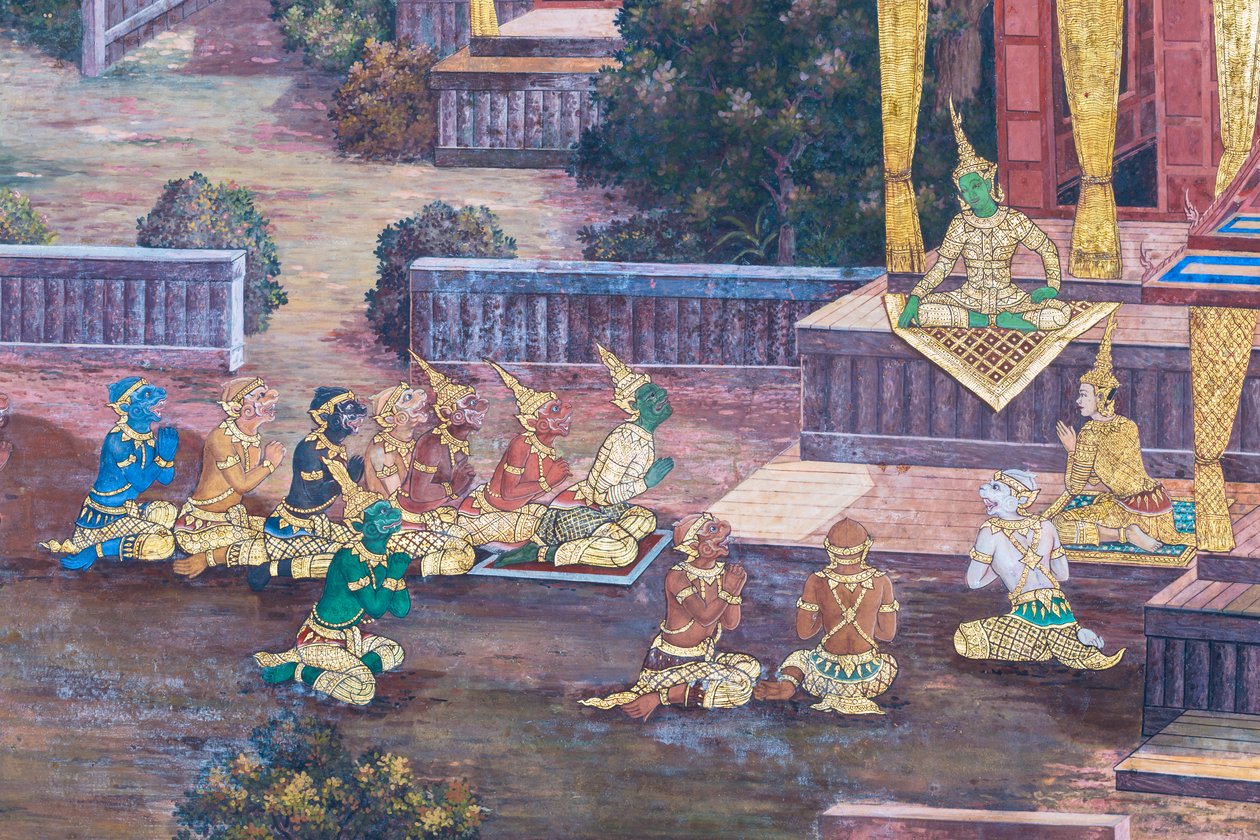 Wat Phra Kaeo, Kraliyet Büyük Sarayı, Bangkok, Tayland'daki Ramayana'dan sahneleri tasvir eden duvar resmi by Thai School