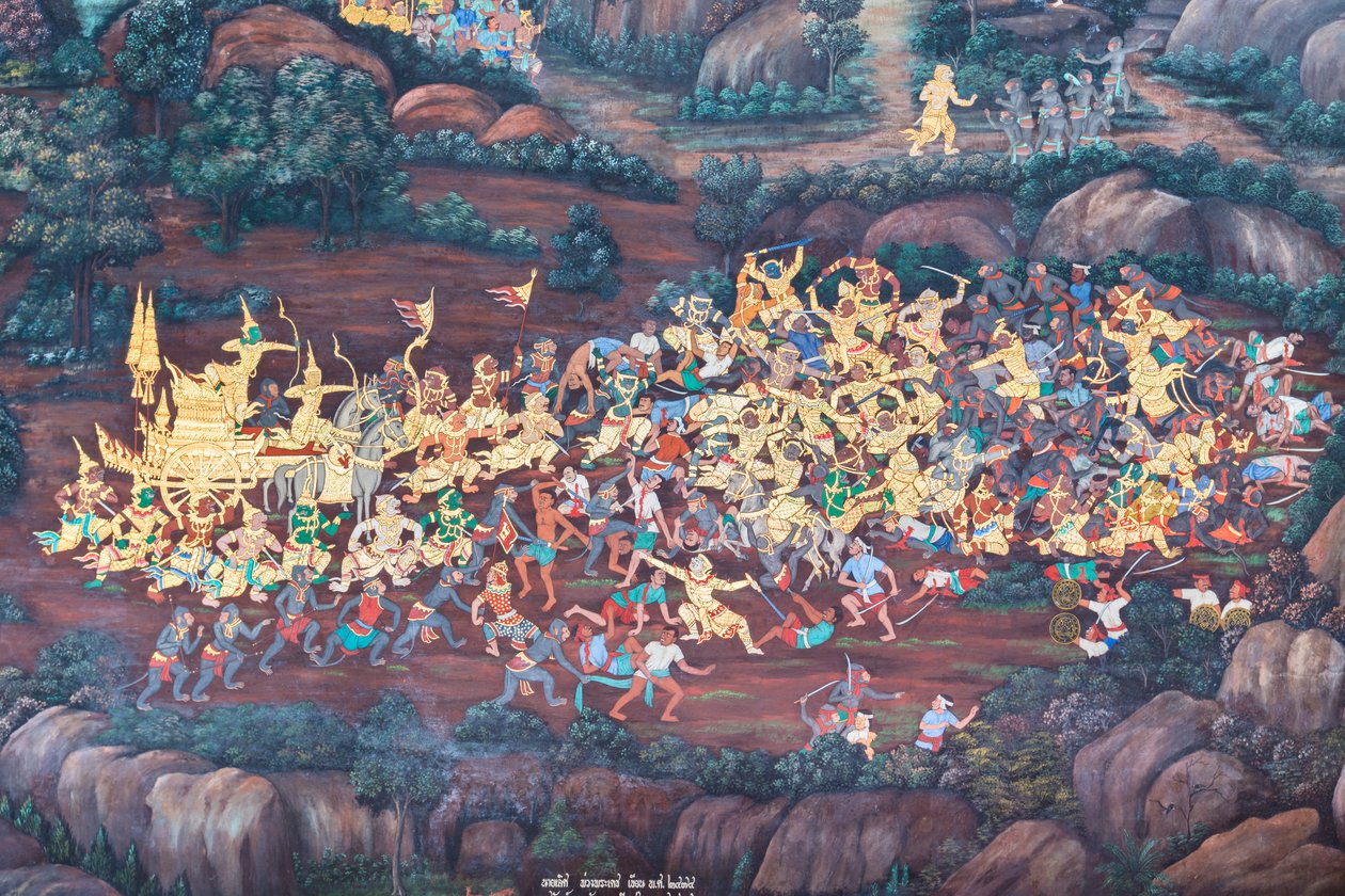 Wat Phra Kaeo, Kraliyet Büyük Sarayı, Bangkok, Tayland'daki Ramayana'dan sahneleri tasvir eden duvar resmi by Thai School