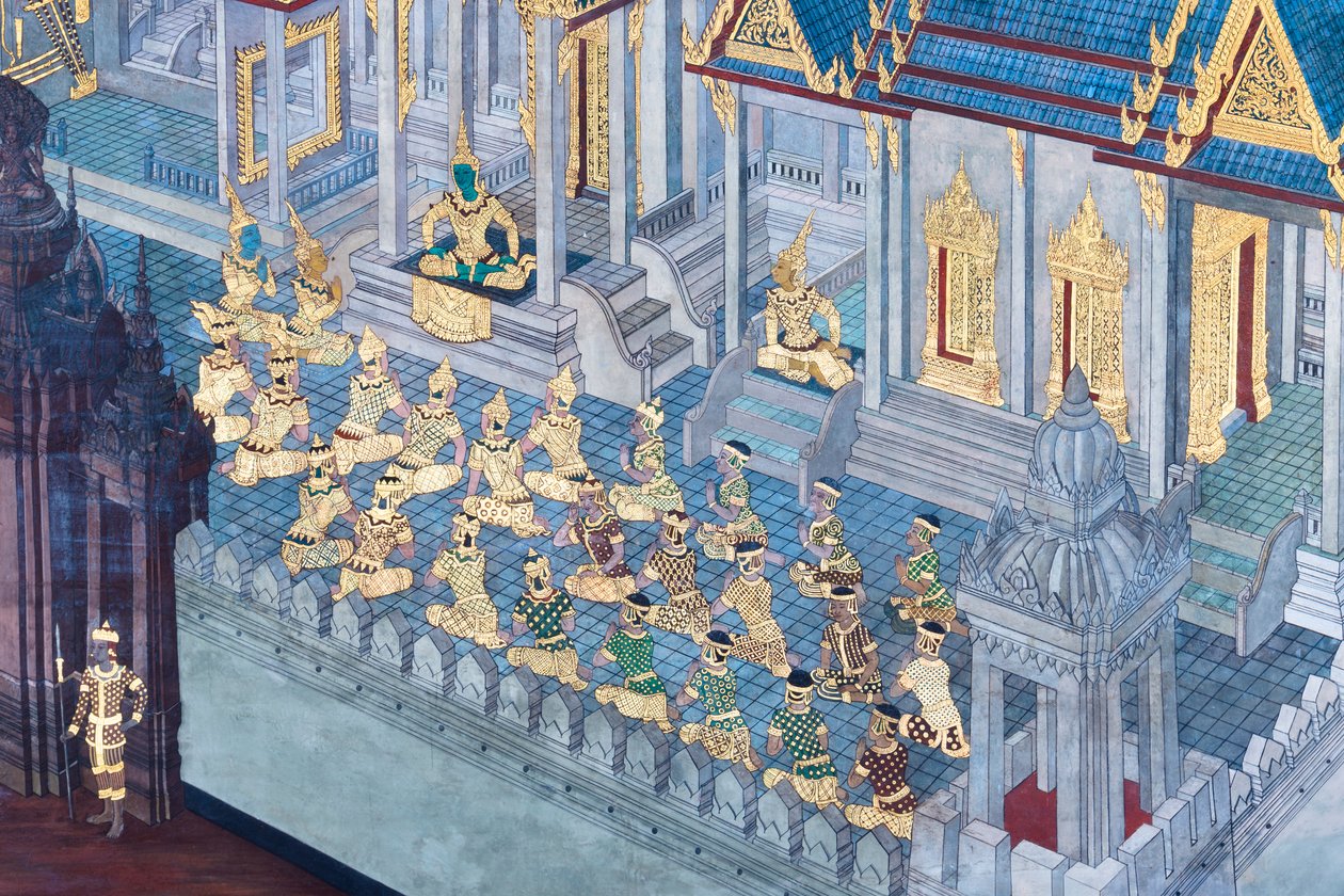 Wat Phra Kaeo, Kraliyet Büyük Sarayı, Bangkok, Tayland'daki Ramayana'dan sahneleri tasvir eden duvar resmi by Thai School