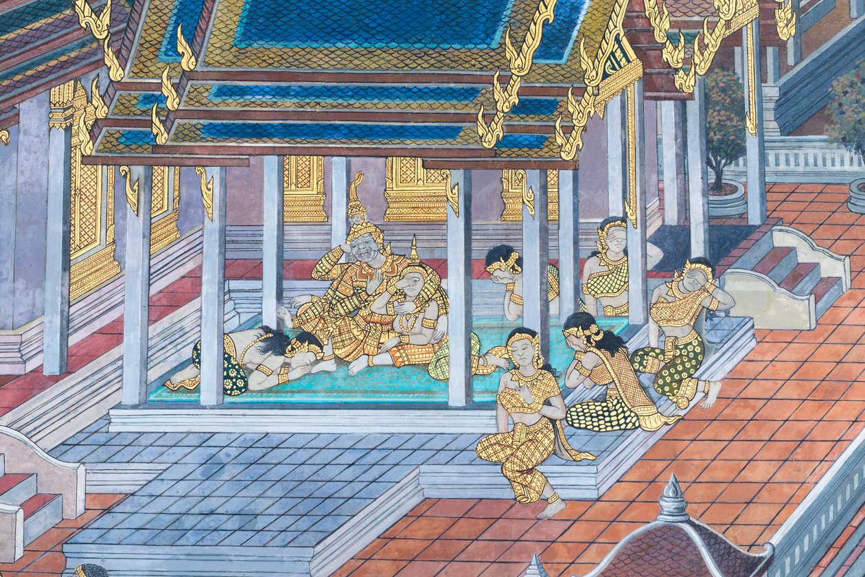 Wat Phra Kaeo, Kraliyet Büyük Sarayı, Bangkok, Tayland'daki Ramayana'dan sahneleri tasvir eden duvar resmi by Thai School