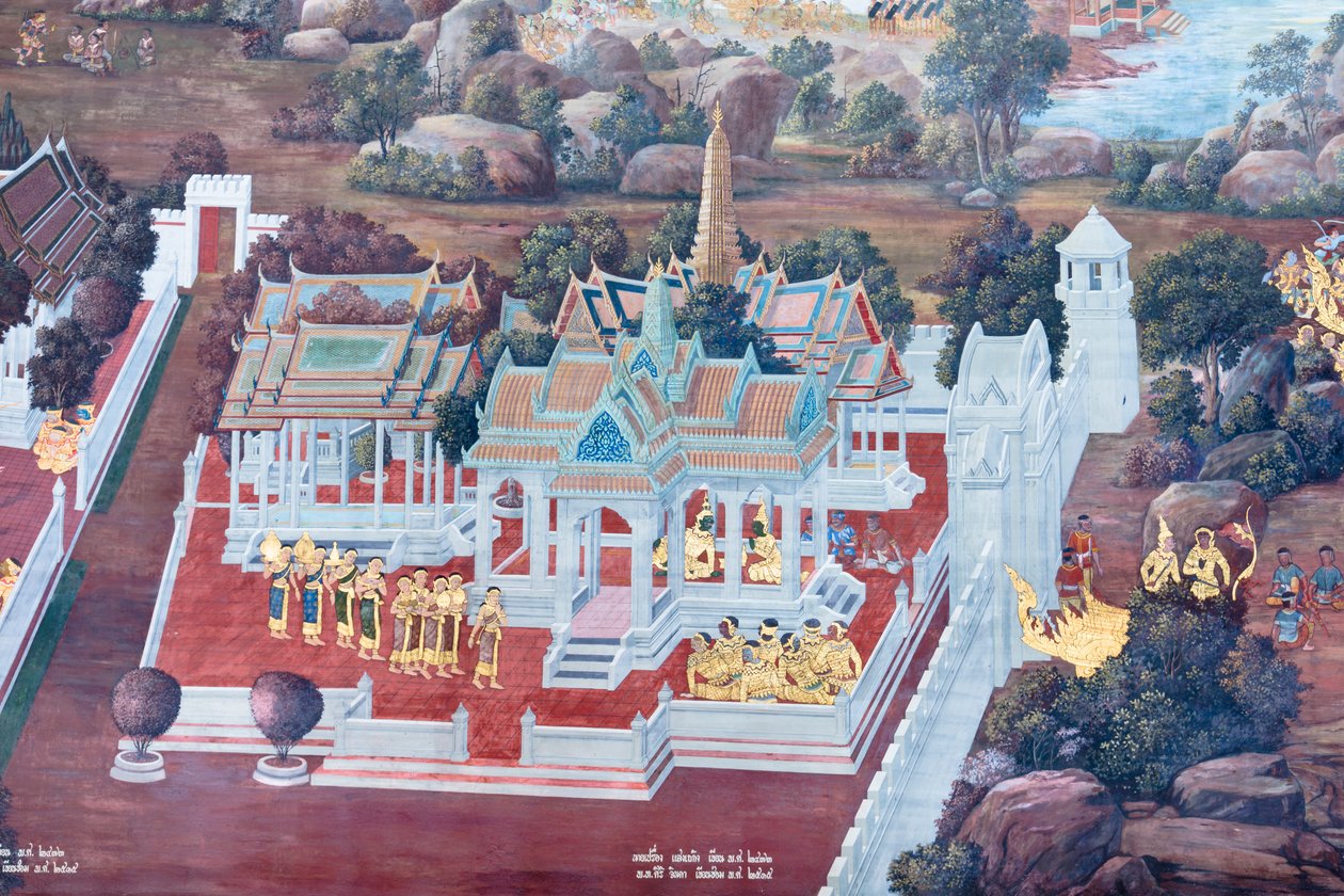 Wat Phra Kaeo, Kraliyet Büyük Sarayı, Bangkok, Tayland'daki Ramayana'dan sahneleri tasvir eden duvar resmi by Thai School