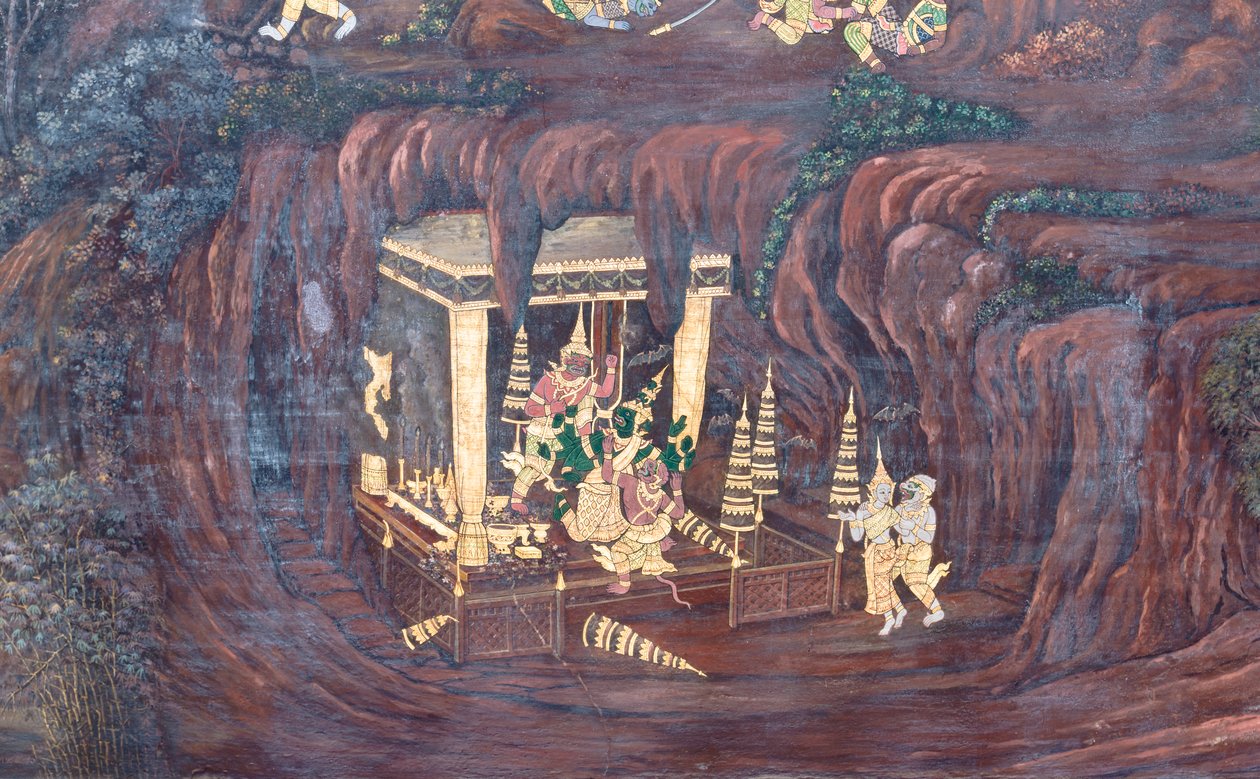Wat Phra Kaeo, Kraliyet Büyük Sarayı, Bangkok, Tayland'daki Ramayana'dan sahneleri tasvir eden duvar resmi by Thai School