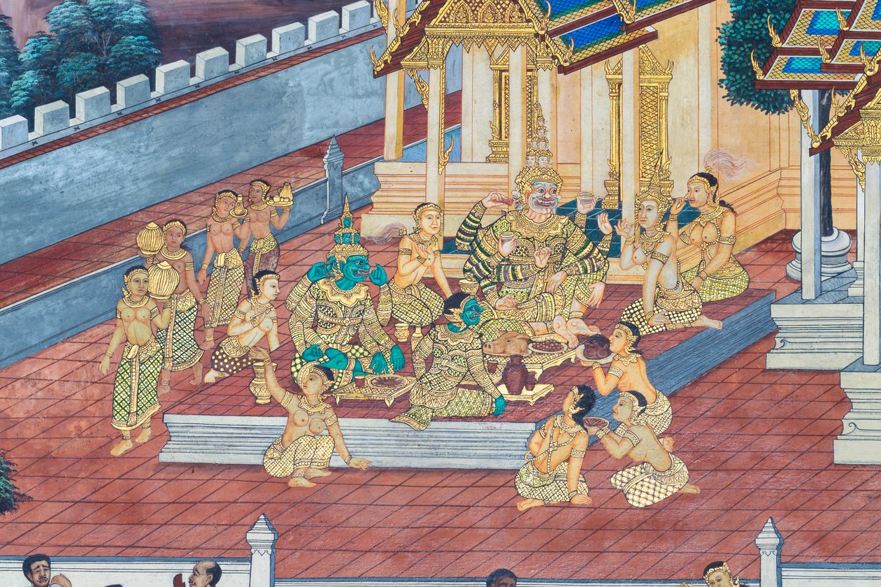 Wat Phra Kaeo, Kraliyet Büyük Sarayı, Bangkok, Tayland'daki Ramayana'dan sahneleri tasvir eden duvar resmi by Thai School