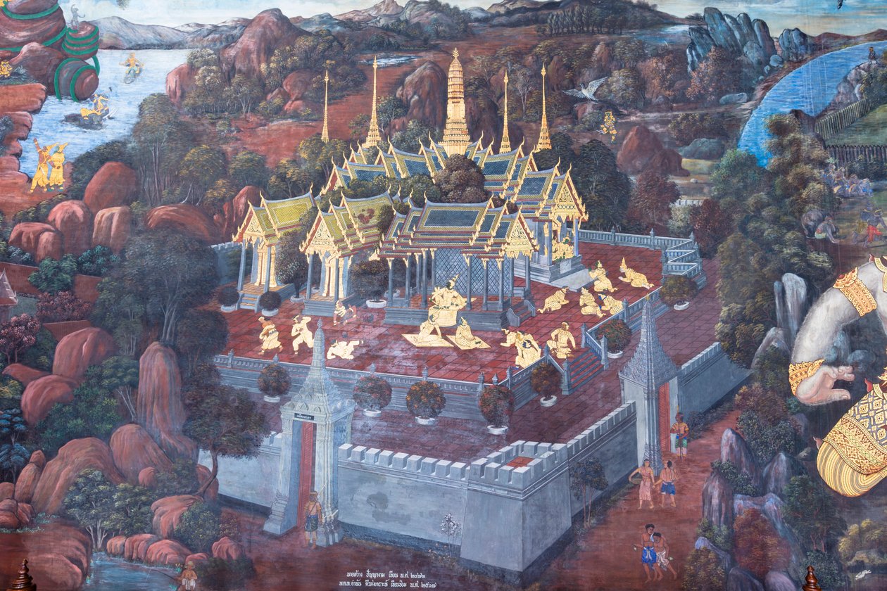 Wat Phra Kaeo, Kraliyet Büyük Sarayı, Bangkok, Tayland'daki Ramayana'dan sahneleri tasvir eden duvar resmi by Thai School