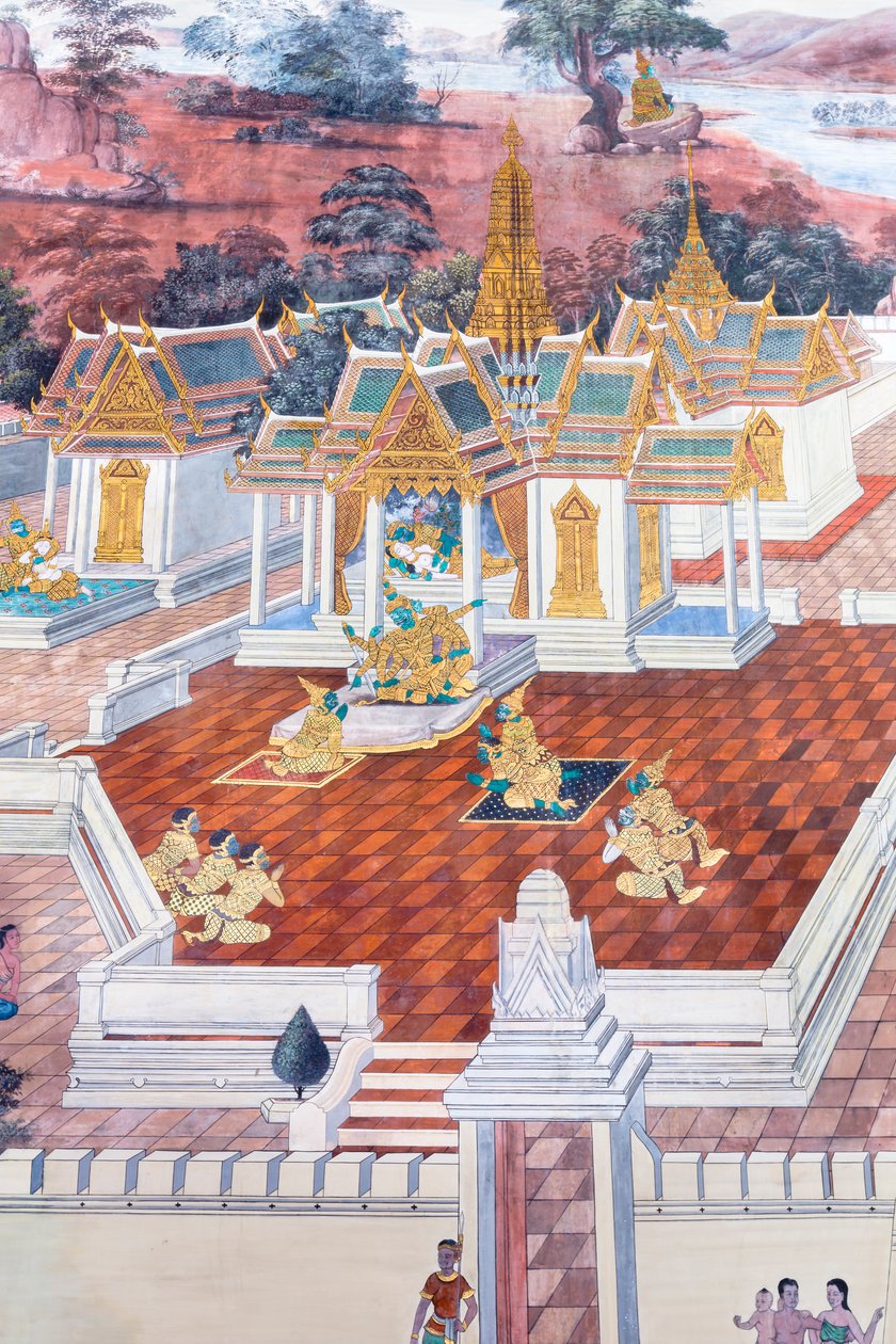 Wat Phra Kaeo, Kraliyet Büyük Sarayı, Bangkok, Tayland'daki Ramayana'dan sahneleri tasvir eden duvar resmi by Thai School