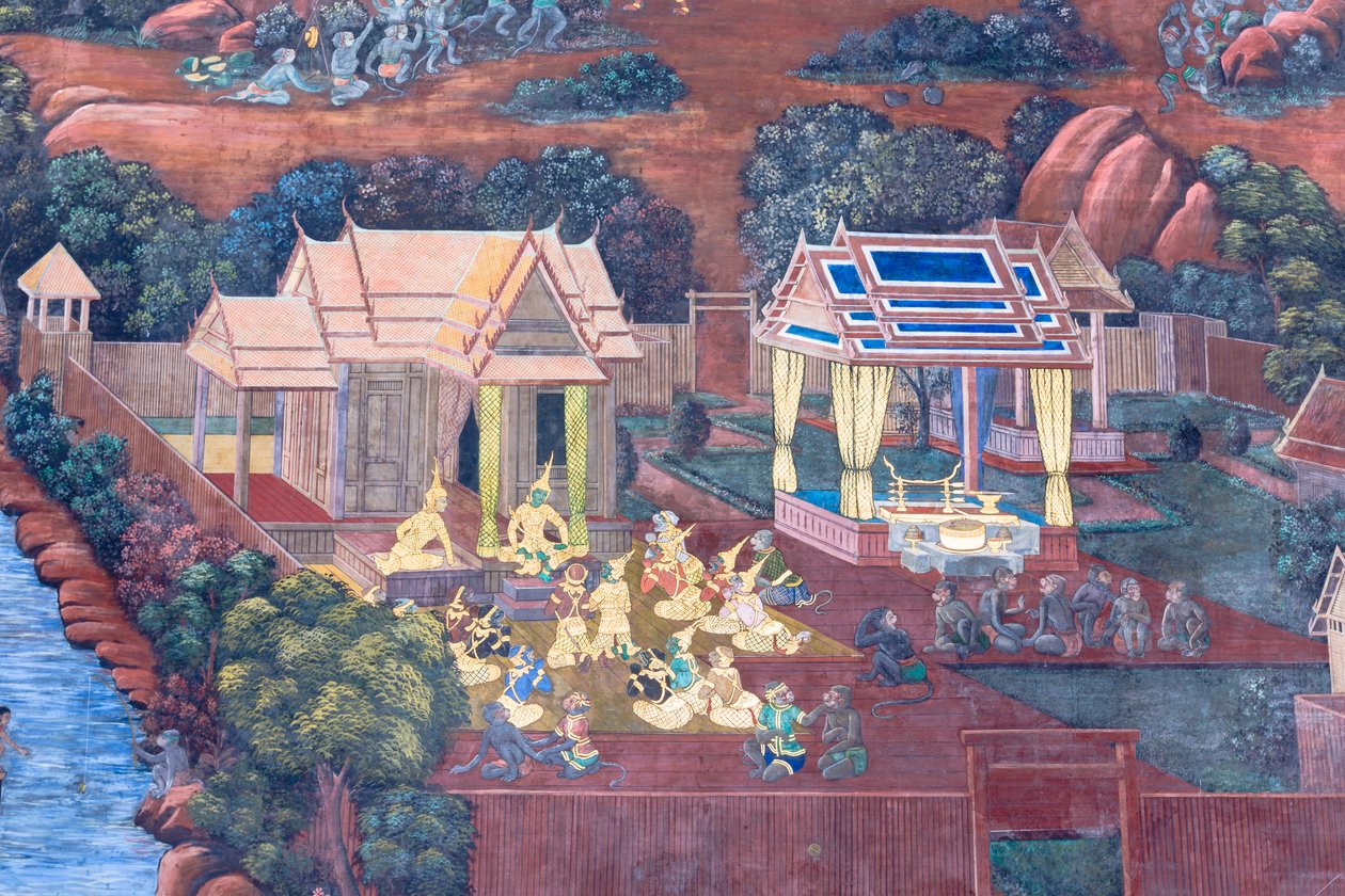 Wat Phra Kaeo, Kraliyet Büyük Sarayı, Bangkok, Tayland'daki Ramayana'dan sahneleri tasvir eden duvar resmi by Thai School