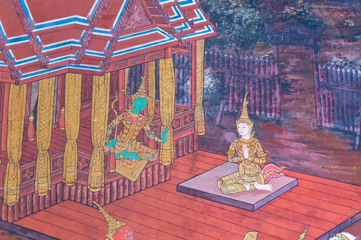 Wat Phra Kaeo, Kraliyet Büyük Sarayı, Bangkok, Tayland'daki Ramayana'dan sahneleri tasvir eden duvar resmi by Thai School
