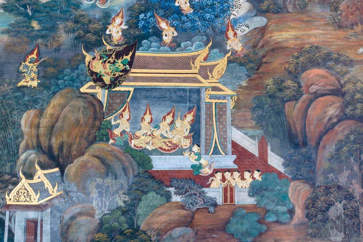 Wat Phra Kaeo, Kraliyet Büyük Sarayı, Bangkok, Tayland'daki Ramayana'dan sahneleri tasvir eden duvar resmi by Thai School