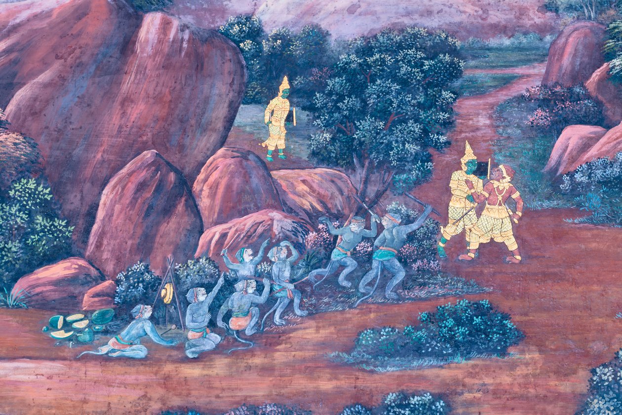 Wat Phra Kaeo, Kraliyet Büyük Sarayı, Bangkok, Tayland'daki Ramayana'dan sahneleri tasvir eden duvar resmi by Thai School