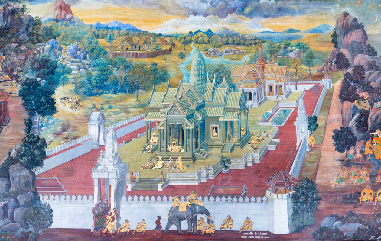 Wat Phra Kaeo, Kraliyet Büyük Sarayı, Bangkok, Tayland'daki Ramayana'dan sahneleri tasvir eden duvar resmi by Thai School