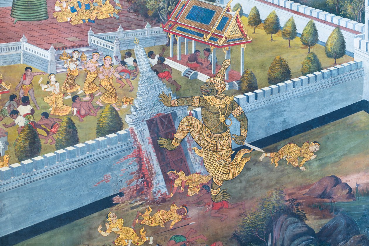 Wat Phra Kaeo, Kraliyet Büyük Sarayı, Bangkok, Tayland'daki Ramayana'dan sahneleri tasvir eden duvar resmi by Thai School