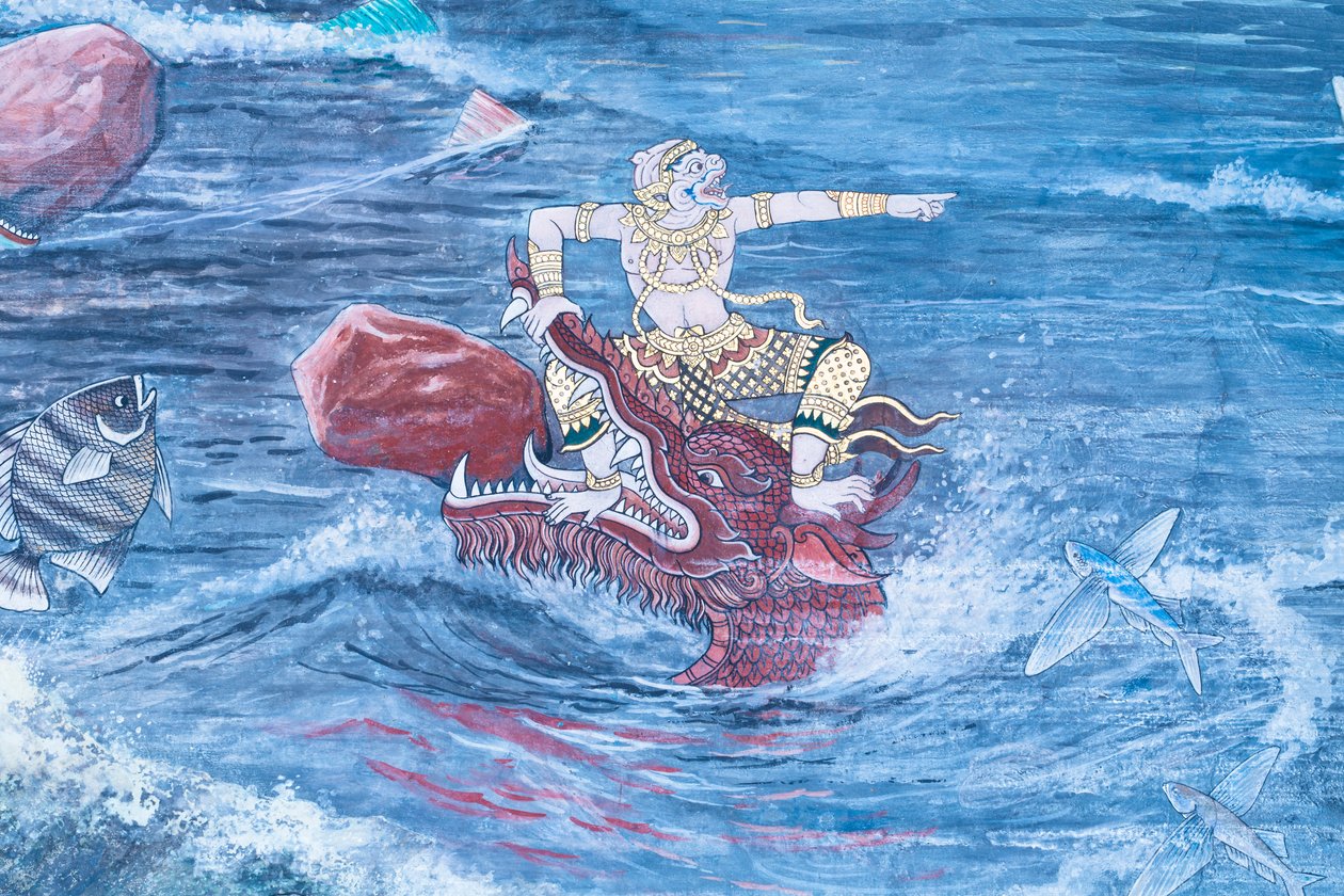 Wat Phra Kaeo, Kraliyet Büyük Sarayı, Bangkok, Tayland'daki Ramayana'dan sahneleri tasvir eden duvar resmi by Thai School