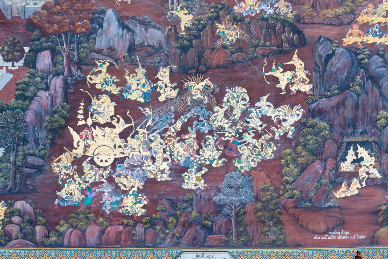 Wat Phra Kaeo, Kraliyet Büyük Sarayı, Bangkok, Tayland'daki Ramayana'dan sahneleri tasvir eden duvar resmi by Thai School