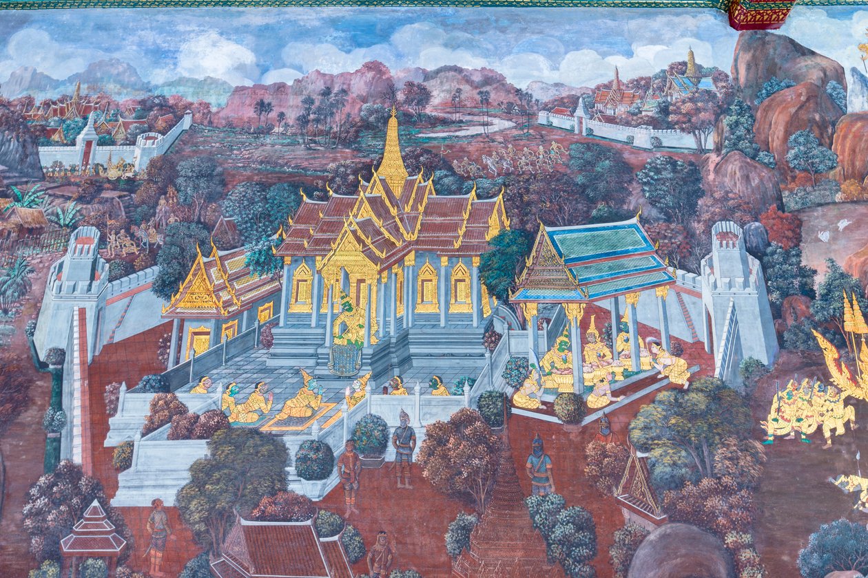 Wat Phra Kaeo, Kraliyet Büyük Sarayı, Bangkok, Tayland'daki Ramayana'dan sahneleri tasvir eden duvar resmi by Thai School