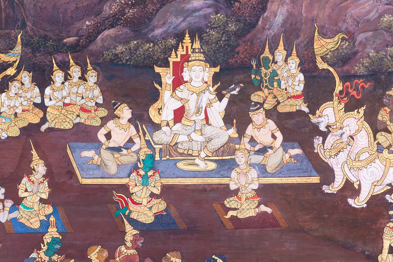 Wat Phra Kaeo, Kraliyet Büyük Sarayı, Bangkok, Tayland'daki Ramayana'dan sahneleri tasvir eden duvar resmi by Thai School
