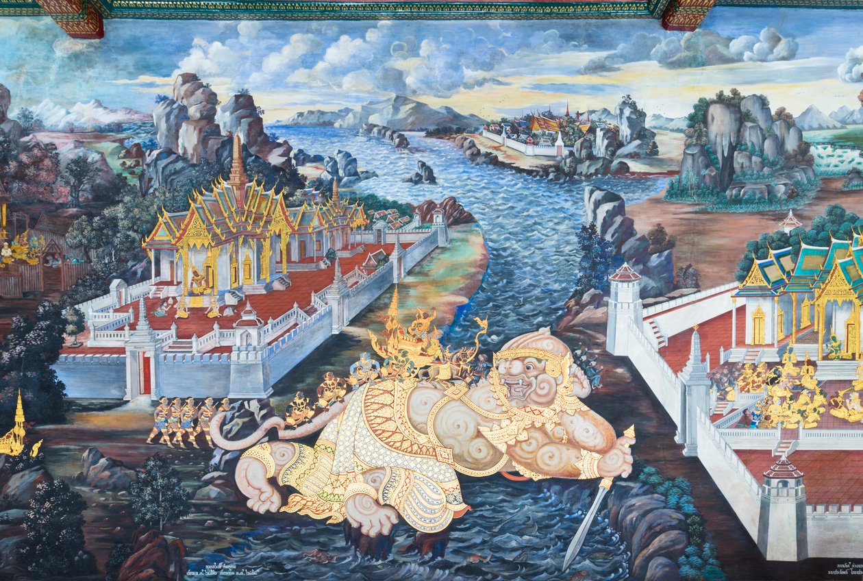 Wat Phra Kaeo, Kraliyet Büyük Sarayı, Bangkok, Tayland'daki Ramayana'dan sahneleri tasvir eden duvar resmi by Thai School