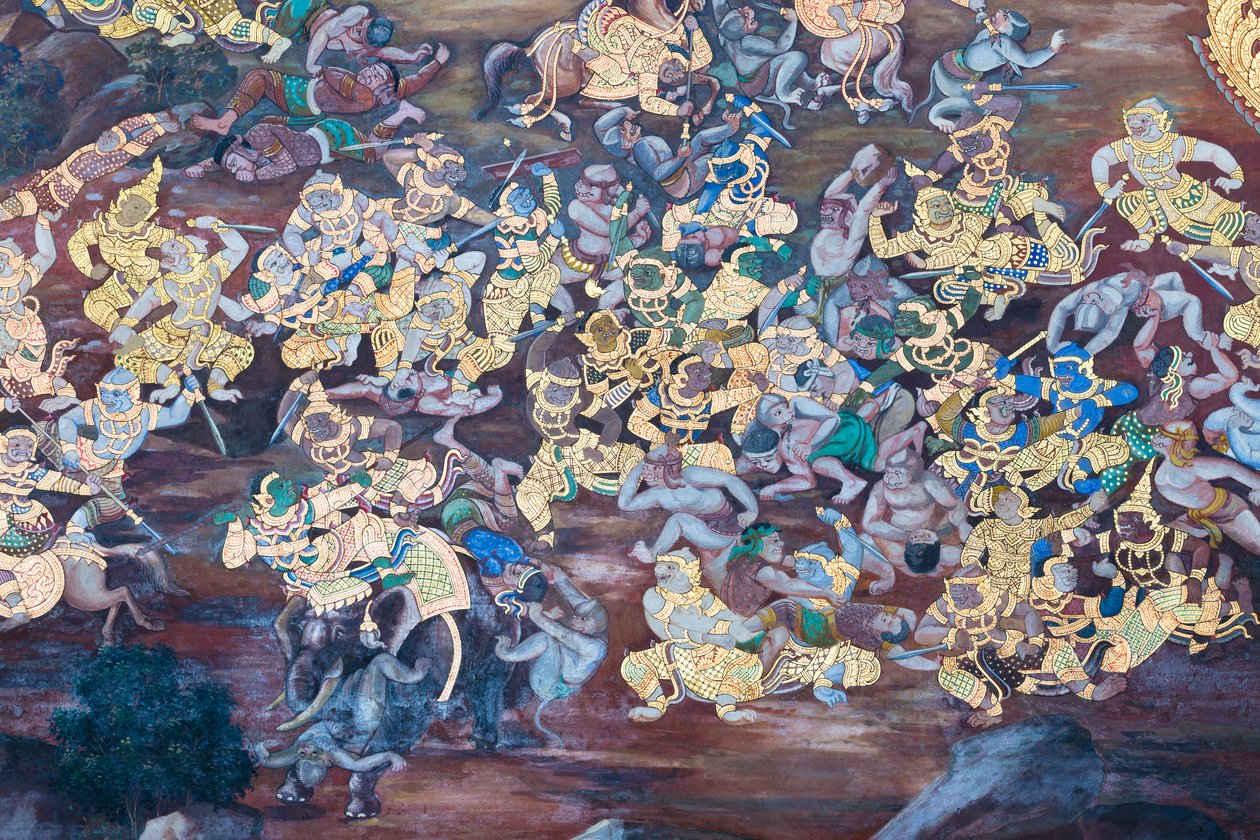 Wat Phra Kaeo, Kraliyet Büyük Sarayı, Bangkok, Tayland'daki Ramayana'dan sahneleri tasvir eden duvar resmi by Thai School
