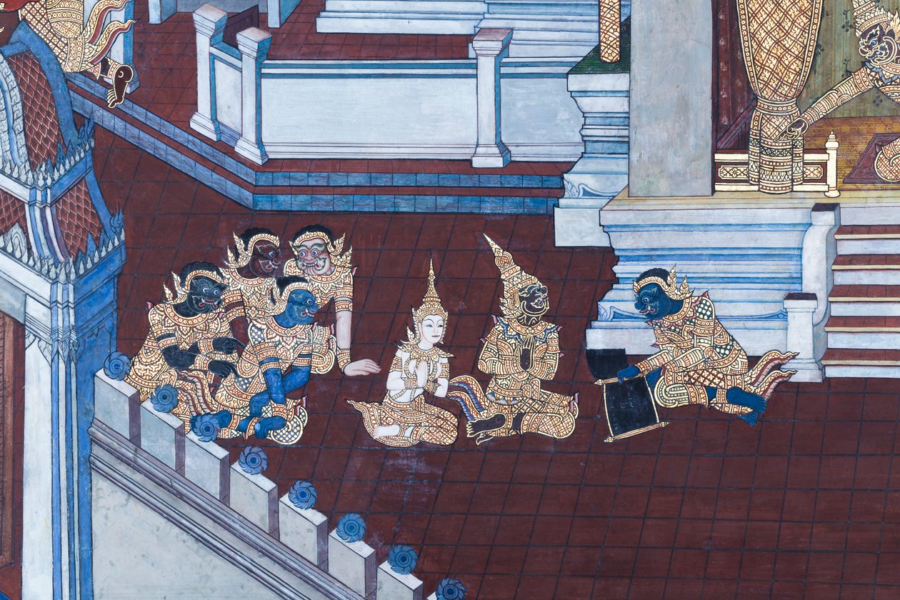 Wat Phra Kaeo, Kraliyet Büyük Sarayı, Bangkok, Tayland'daki Ramayana'dan sahneleri tasvir eden duvar resmi by Thai School