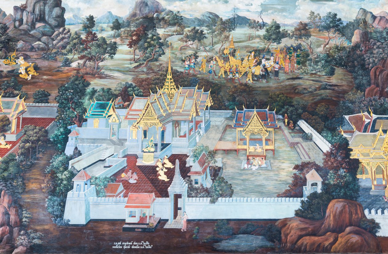 Wat Phra Kaeo, Kraliyet Büyük Sarayı, Bangkok, Tayland'daki Ramayana'dan sahneleri tasvir eden duvar resmi by Thai School