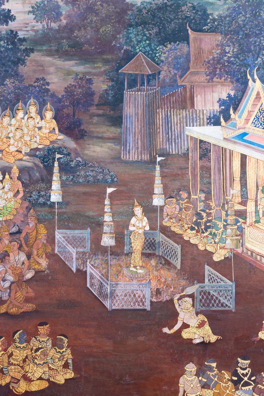 Wat Phra Kaeo, Kraliyet Büyük Sarayı, Bangkok, Tayland'daki Ramayana'dan sahneleri tasvir eden duvar resmi by Thai School