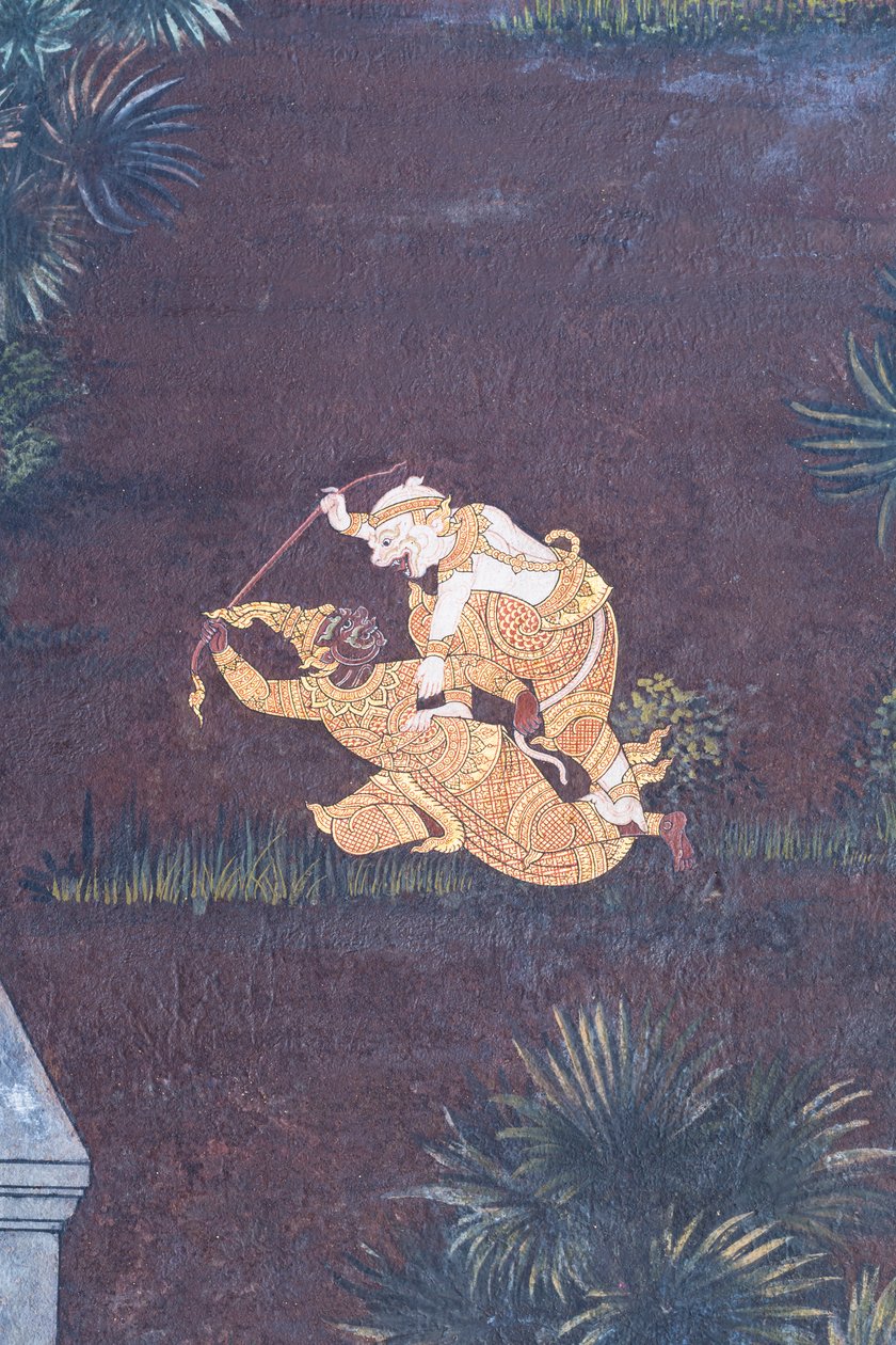 Wat Phra Kaeo, Kraliyet Büyük Sarayı, Bangkok, Tayland'daki Ramayana'dan sahneleri tasvir eden duvar resmi by Thai School