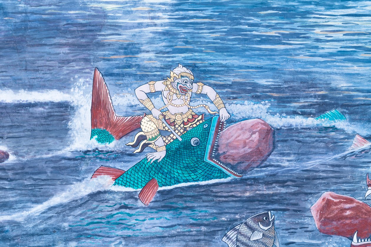 Wat Phra Kaeo, Kraliyet Büyük Sarayı, Bangkok, Tayland'daki Ramayana'dan sahneleri tasvir eden duvar resmi by Thai School