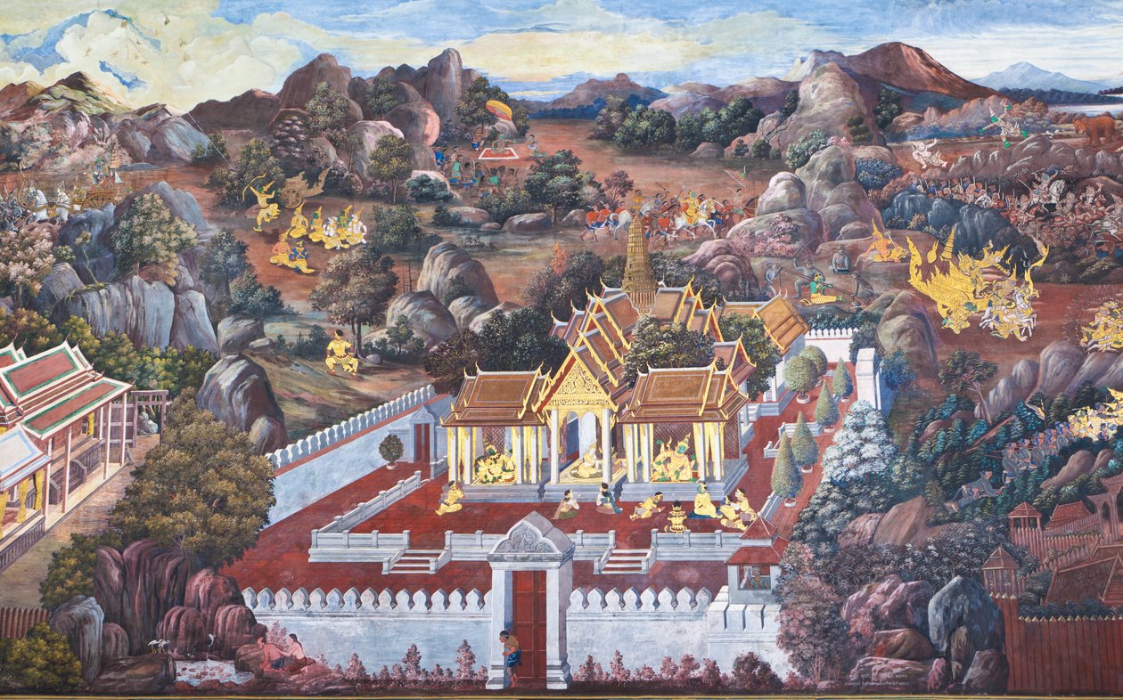 Wat Phra Kaeo'daki Ramakian'dan sahneleri tasvir eden duvar resimleri, Kraliyet Büyük Sarayı, Bangkok, Tayland by Thai School