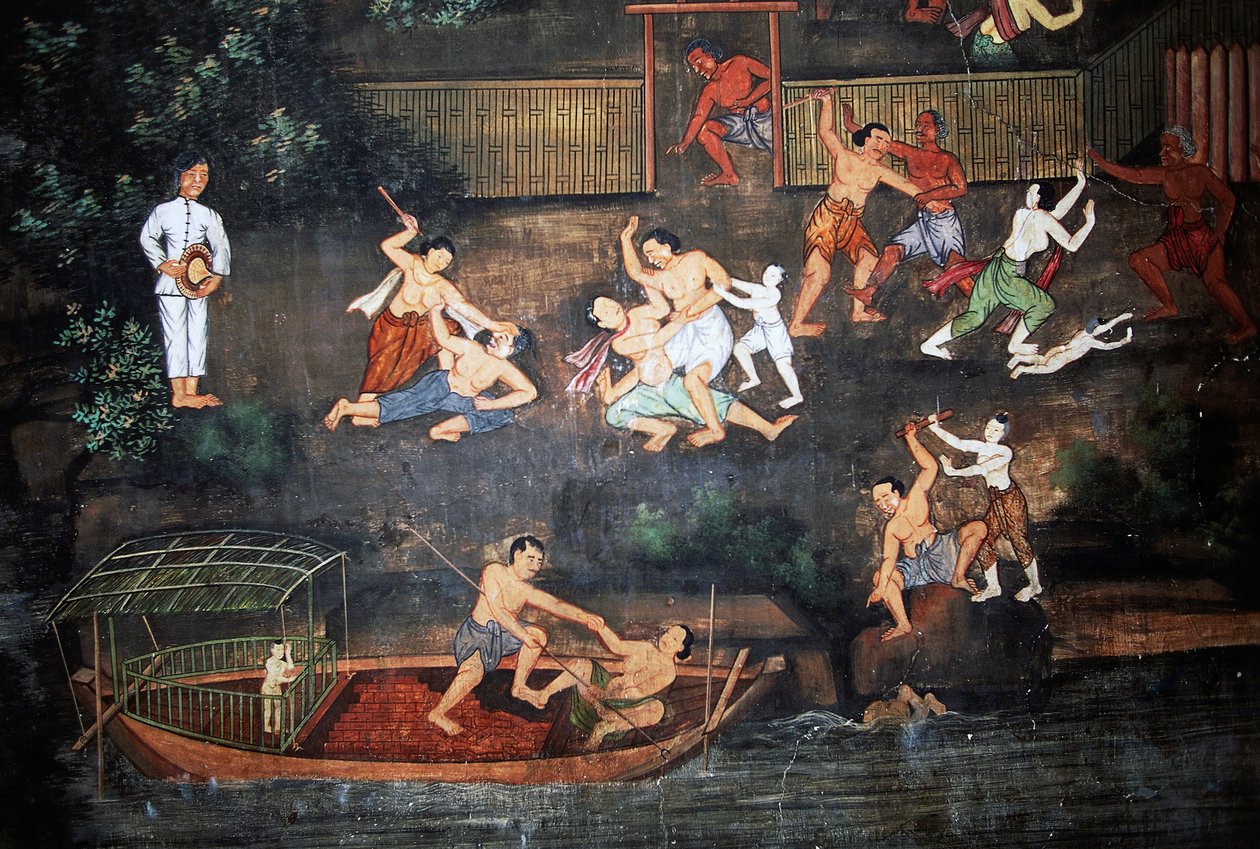Buda, Wat Suwan Dararam, Ayutthaya Tarihi Parkı'nın (UNESCO Dünya Mirası Listesi) hayatından sahneler içeren duvar resimleri by Thai School