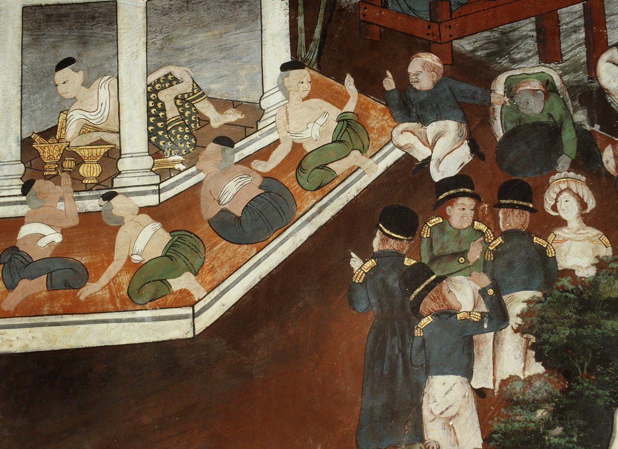 Müslüman tüccarları ve batılı denizcileri kabul eden saray hanımı, Rattanakosin okulu (duvar resmi) by Thai School