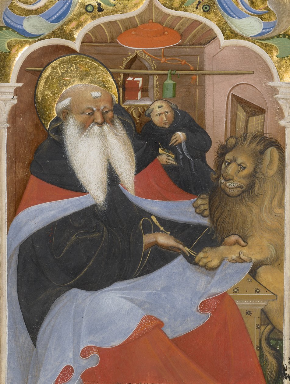 Aziz Jerome bir aslanın pençesinden diken çıkarıyor Ms 106, 1425-50 (parşömen üzerinde tempera ve altın varak) by The Master of the Murano Gradual