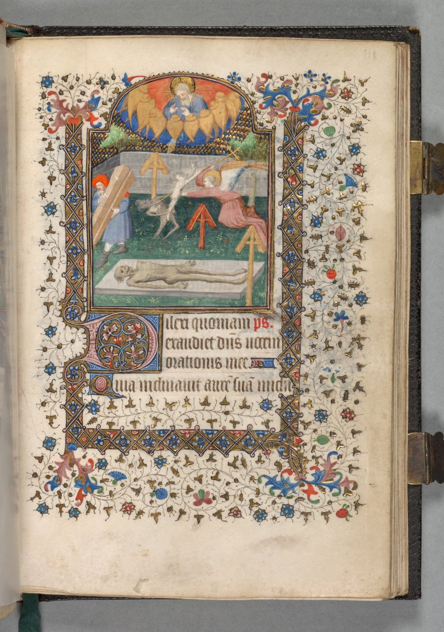 Paris Kullanım Saatleri Kitabı: Fol. 118r, Melek ve Şeytan Bir Ruh İçin Dövüşüyor, c. 1420. by The Bedford Master