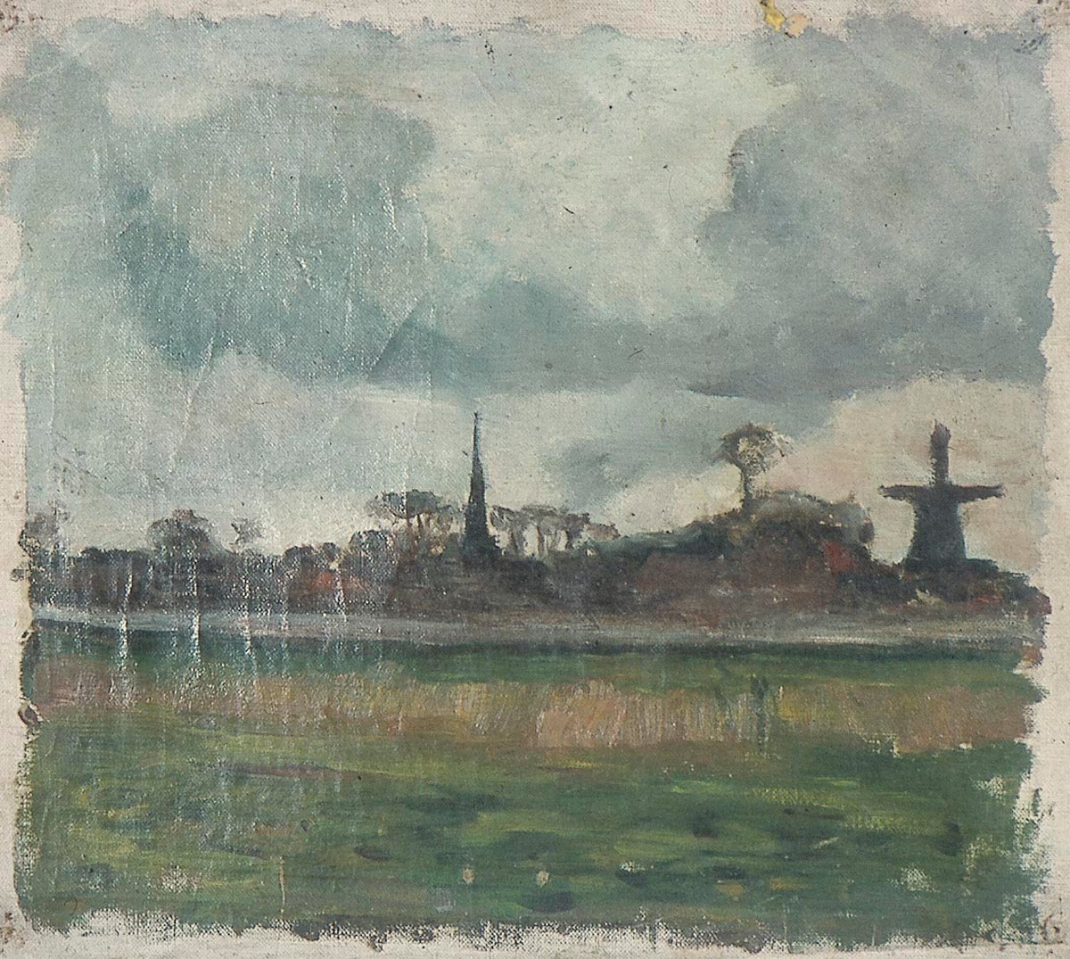 Yel değirmeni ve kilise ile manzara by Theo van Doesburg